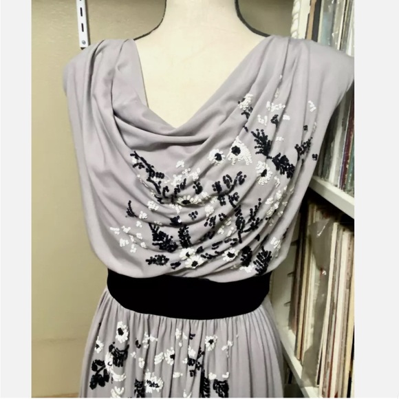 Suzi Chin for Maggy Boutique Grey/Taupe Draped Neck Floral Beaded Dress - Picture 2 of 6